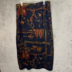 Pendleton Navy Blue Equestrian Print Maxi Skirt with Brown & Red Accents